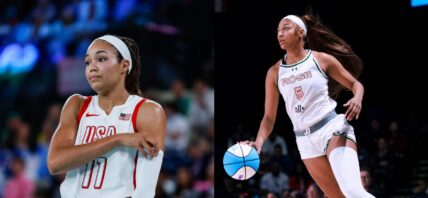 Photo collage of Angel Reese and Napheesa Collier.