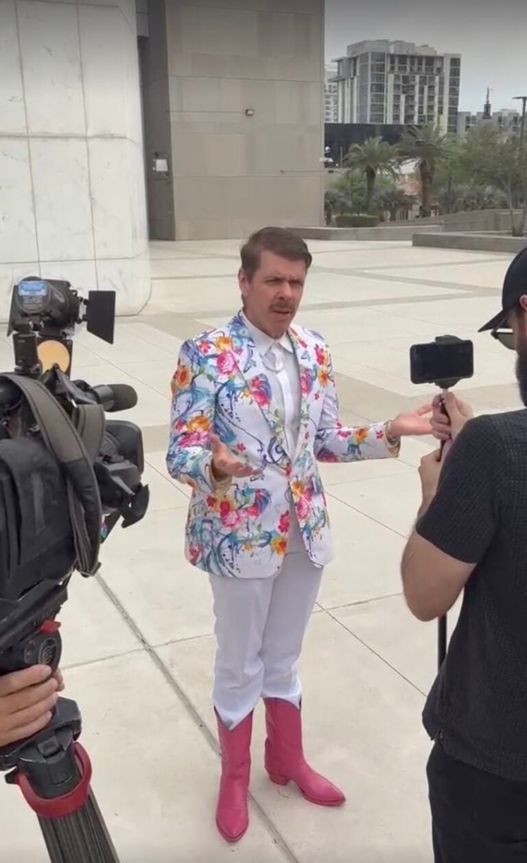 Perez Hilton speaking outside of Las Vegas courtroom
