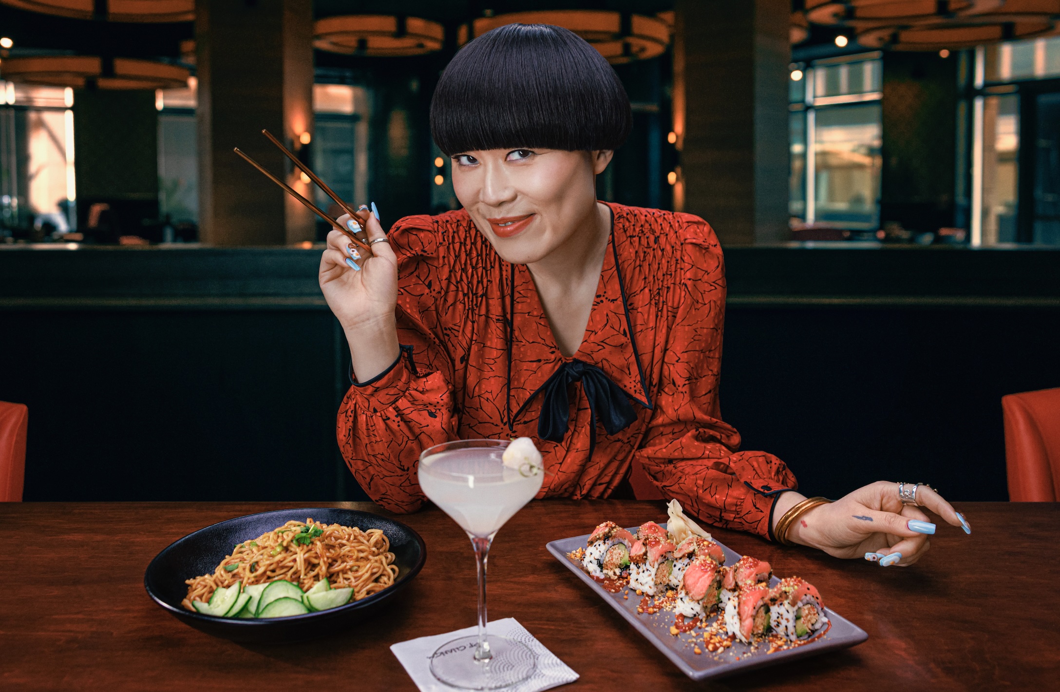 Atsuko Okatsuka eating P.F. Chang's