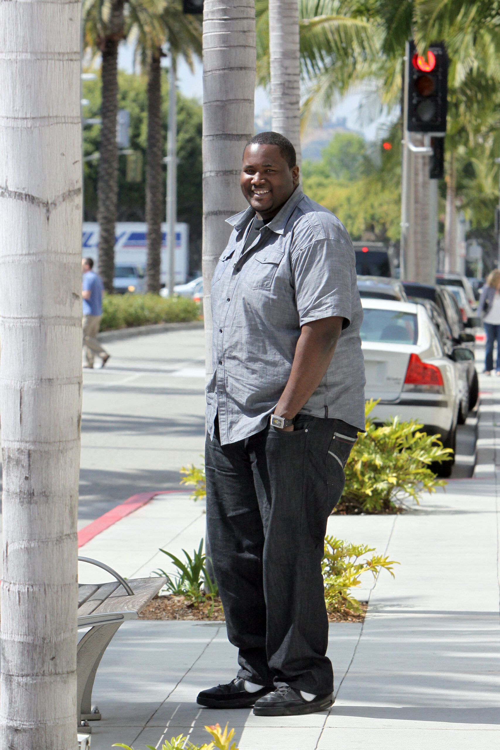 Quinton Aaron who played Baltimore Ravens NFL offensive tackle Michael Oher in the 2009 film, The Blind Side.Out and about on a beautiful sunny dayBeverly Hills, California