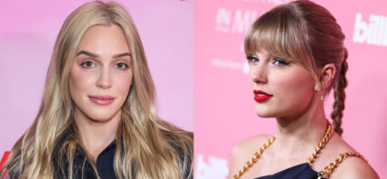 A photo collage of Alex Cooper and Taylor Swift