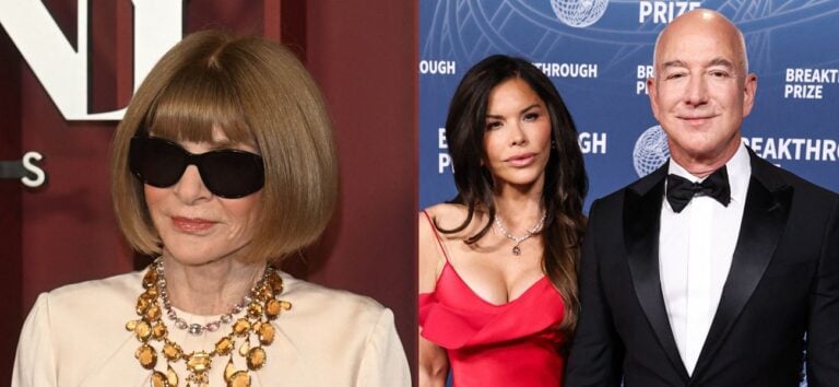 A photo collage of Anna Wintour, Lauren Sanchez, and Jeff Bezos
