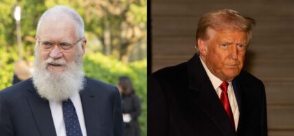A photo collage of David Letterman, Donald Trump,