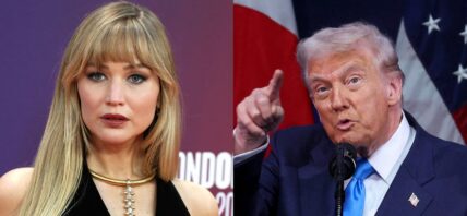 A photo collage of Jennifer Lawrence and Donald Trump