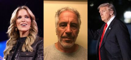 A photo collage of Megyn Kelly, Jeffrey Epstein, and Donald Trump.