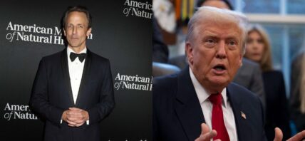 A photo collage of Seth Meyers and Donald Trump