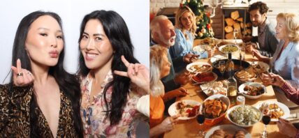 GlowJob podcast hosts (left) Thanksgiving family (right)