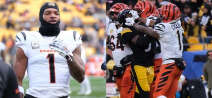 Photo collage of Ja'Marr Chase and Jalen Ramsey fighting.