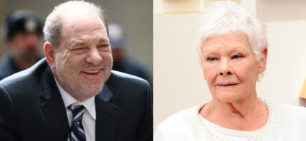 A photo collage of Harvey Weinstein and Judi Dench