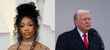 A photo collage of SZA and Donald Trump
