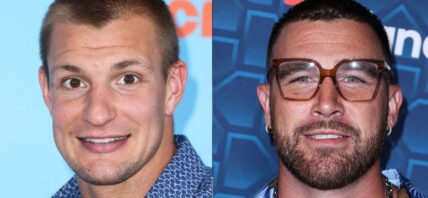 Photo collage of Travis Kelce and Rob Gronkowski.