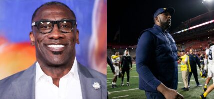 Photo collage of Shannon Sharpe and Sherrone Moore.