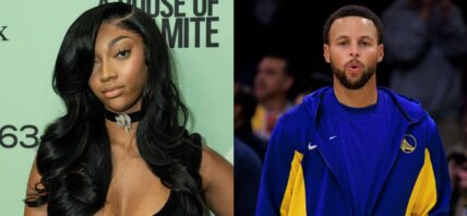 Photo collage of Angel Reese and Stephen Curry.