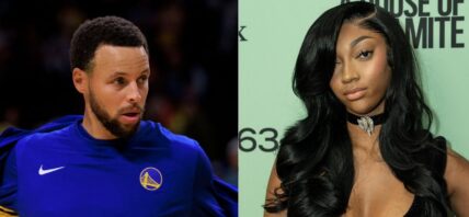 Photo collage of Angel Reese and Stephen Curry.