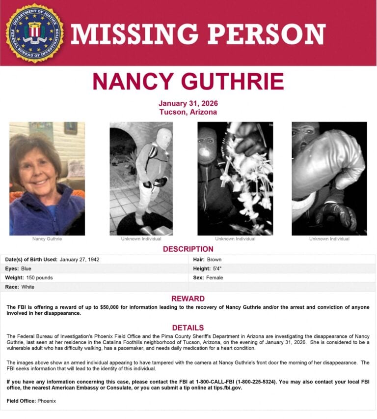 FBI reward notice for Nancy Guthrie