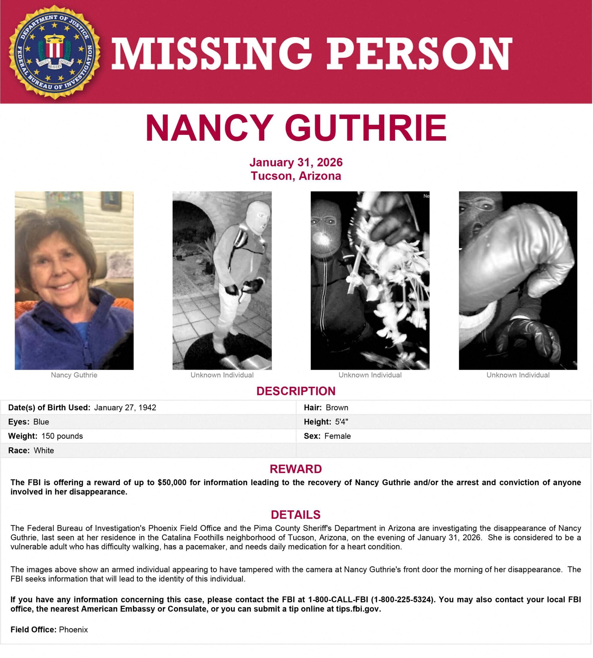 FBI reward notice for Nancy Guthrie
