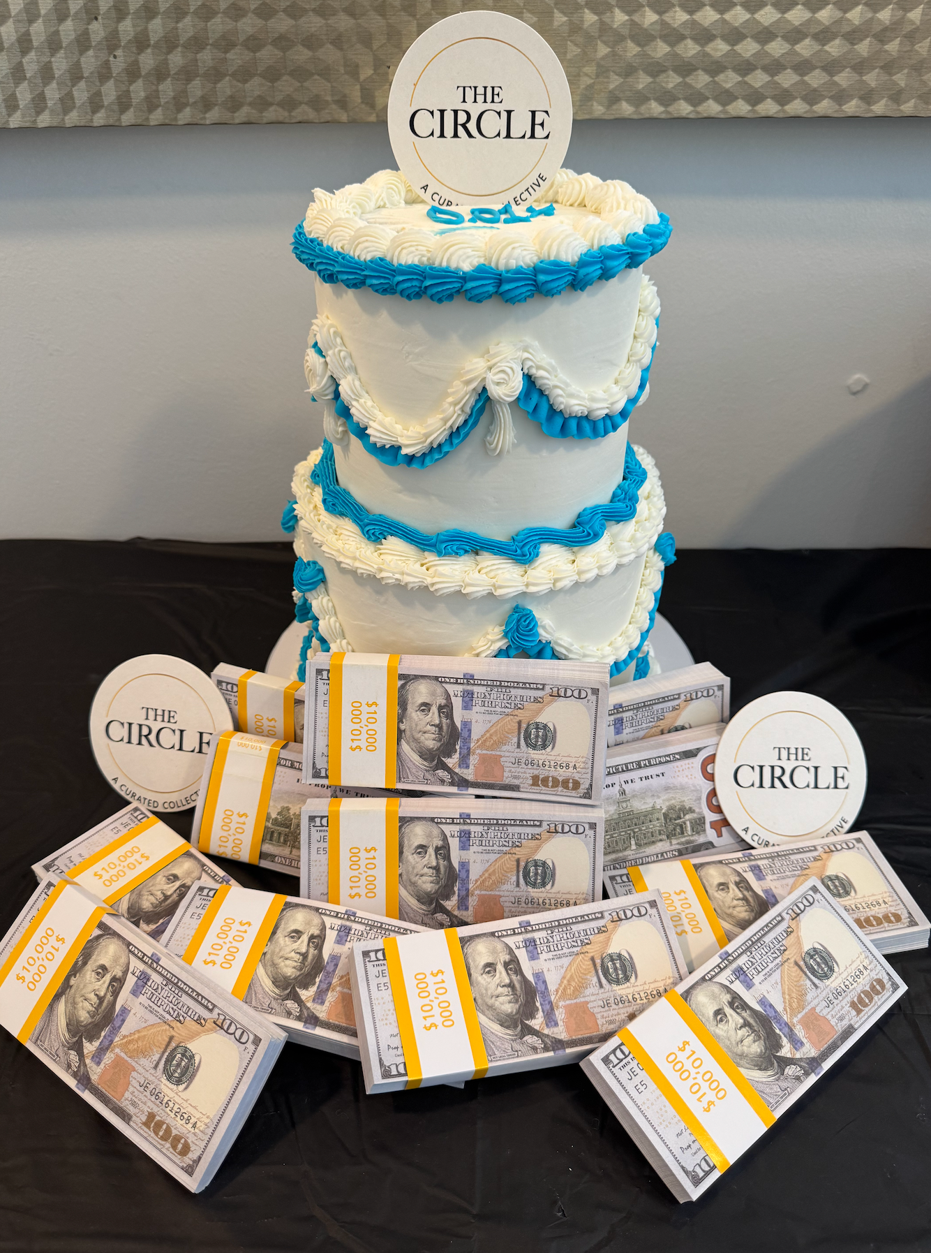 Cake surrounded by cash