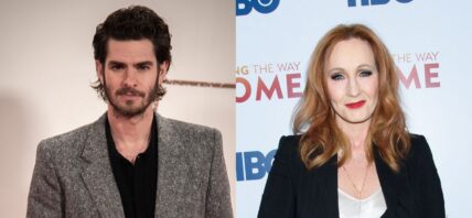 A photo collage og Andrew Garfield and J.K. Rowling-