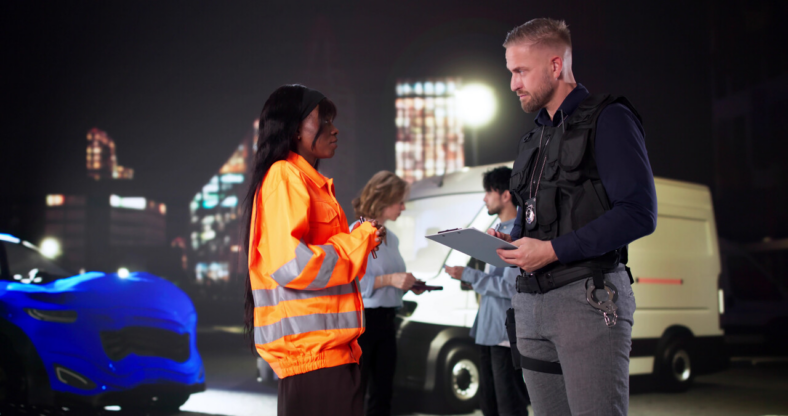 Man talking to woman in orange vest road side. 