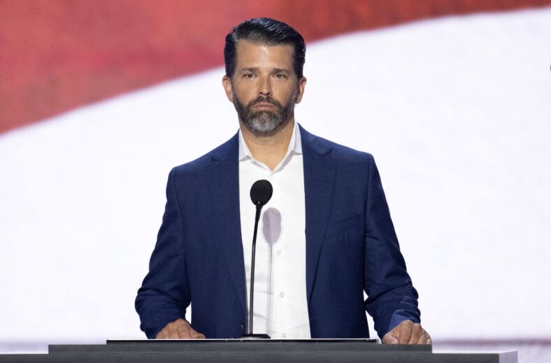 Donald Trump Jr. participates in a microphone check prior to Day 2 of the 2024 Republican National Convention