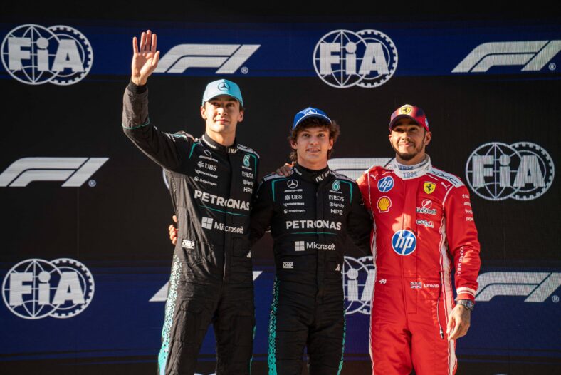 George Russell and Lewis Hamilton on the podium