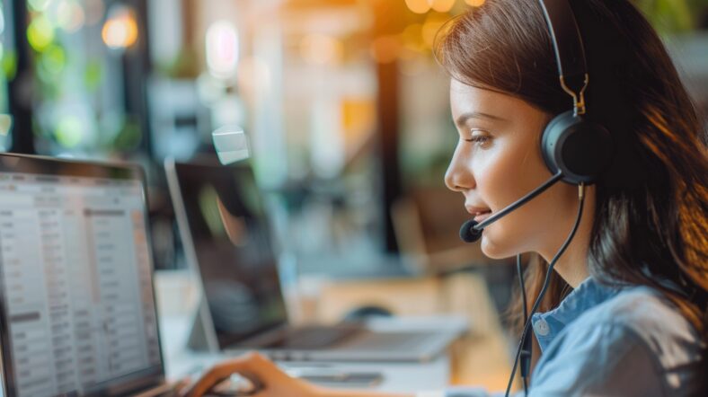 A customer service representative assisting a shopper.