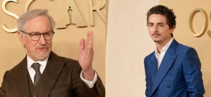 A photo collage of Steven Spielberg and Timothée Chalamet