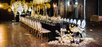 Table decorated for a wedding.