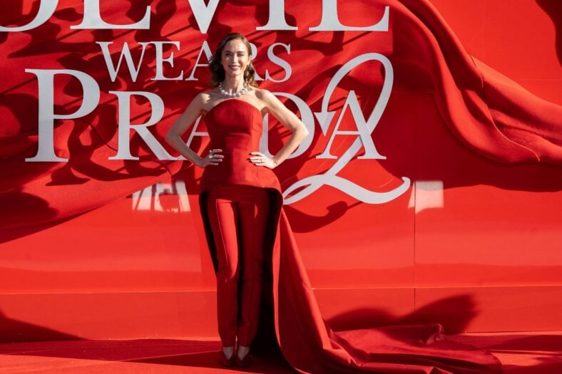 Emily Blunt in a red outfit