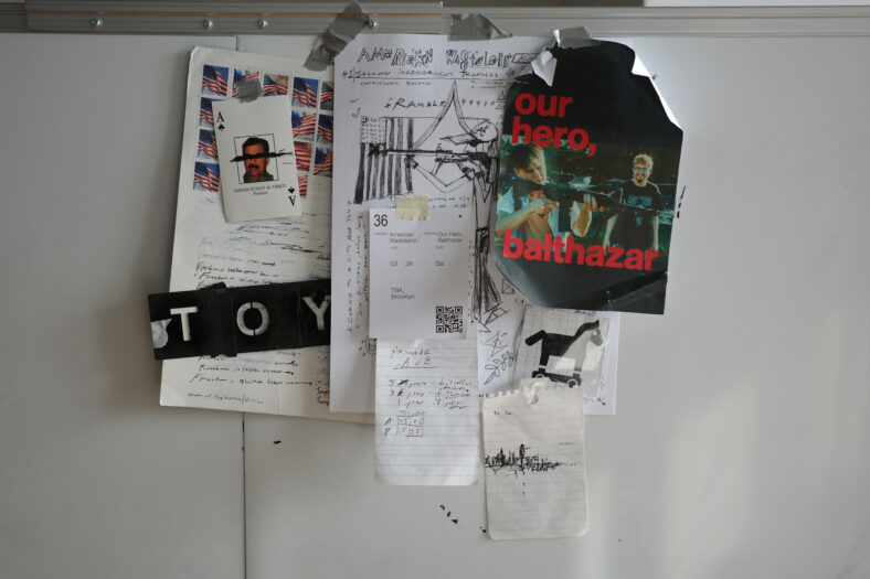 American Wasteland / Our Hero, Balthazar — exhibition flyer. Posted via: Base 36, Jet Le Parti & Noah Centineo. RP.1, Brooklyn, 2026.