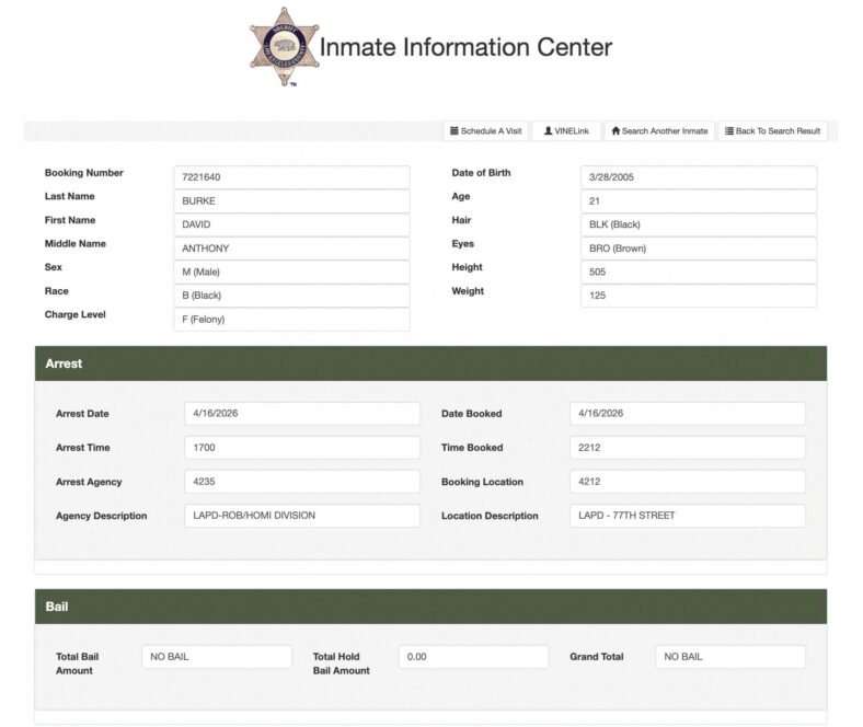 D4vd's booking sheet