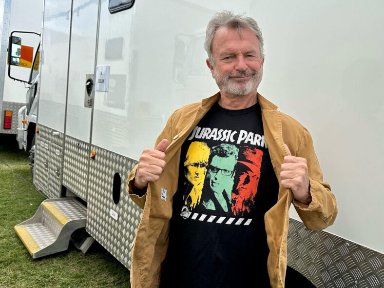 Jurassic Park stars Sam Neill, Laura Dern and Jeff Goldblum model new clothing collection celebrating dinosaur blockbusters 30th anniversary