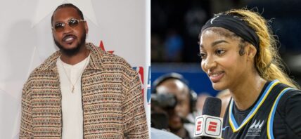 Photo collage of Angel Reese and Carmelo Anthony.