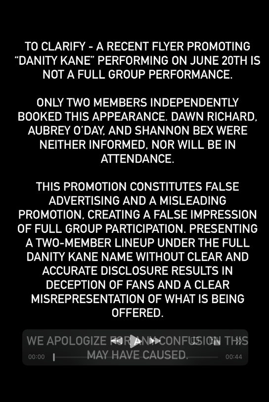 Danity Kane statement on Instagram Stories. 