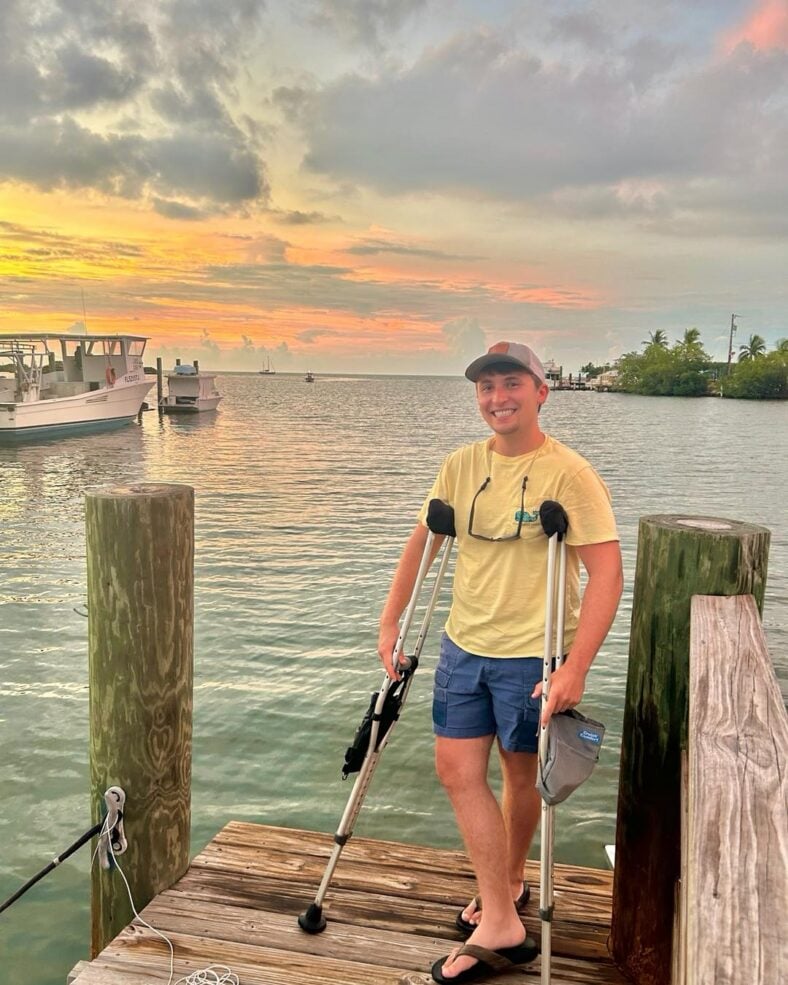 Dylan Carter on crutches