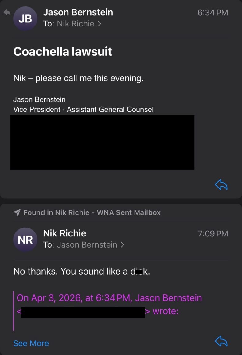 Email from Nik Richie
