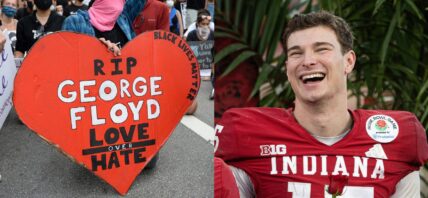 George Floyd sign (left) Fernando Mendoza laughing (right)
