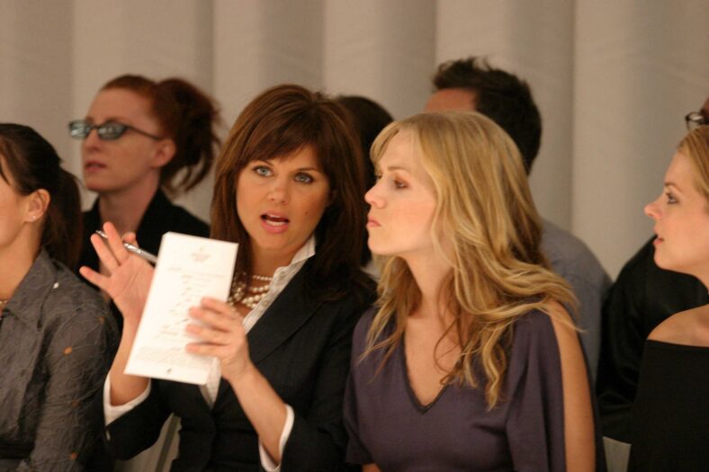 Tiffani Thiessen and Jennie Garth at the Tree Fashion Show during Mercedes-Benz Fashion Week in New York City.