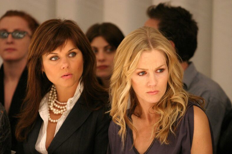 Tiffani Thiessen and Jennie Garth at the Tree Fashion Show during Mercedes-Benz Fashion Week in New York City. 