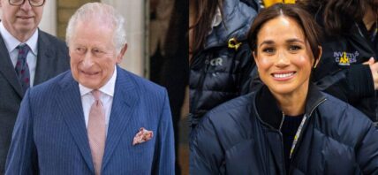 A side-by-side collage of King Charles and Meghan Markle