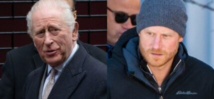 A side-by-side collage of King Charles and Prince Harry