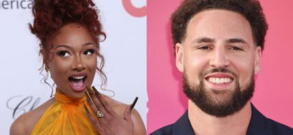 Photo collage of Megan Thee Stallion and Klay Thompson.