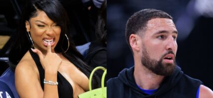 Photo collage of Megan Thee Stallion and Klay Thompson.