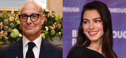 Side-by-side collage of Stanley Tucci and Anne Hathaway