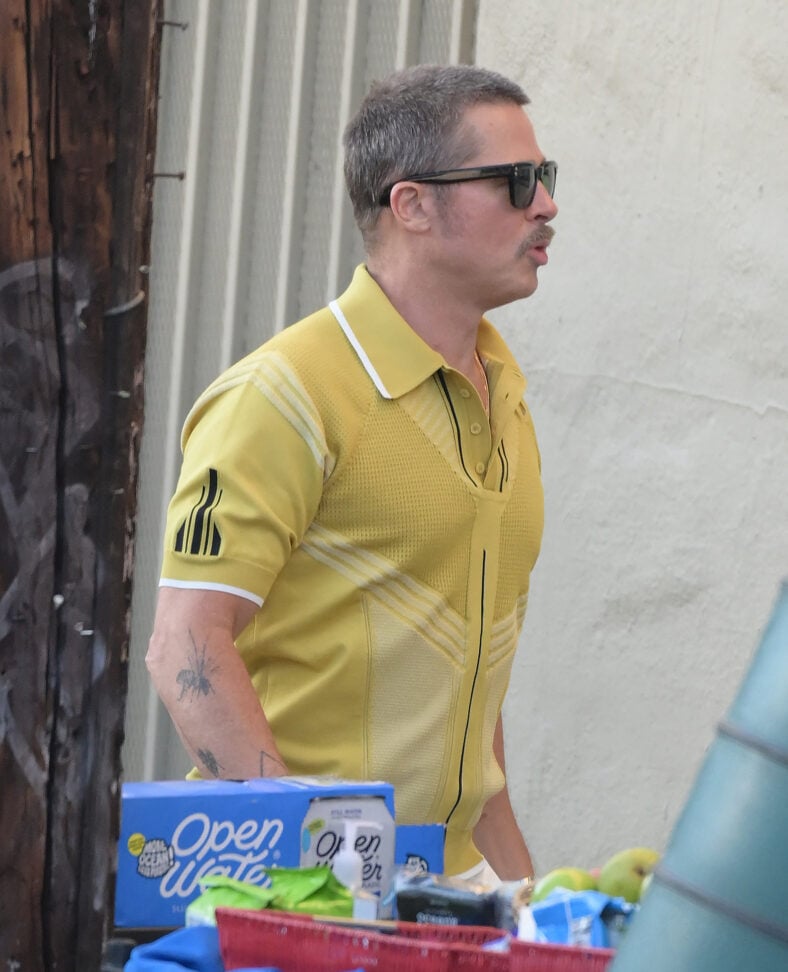 Brad Pitt arrives for another day of filming 'The Adventures of Cliff Booth' in Los Angeles