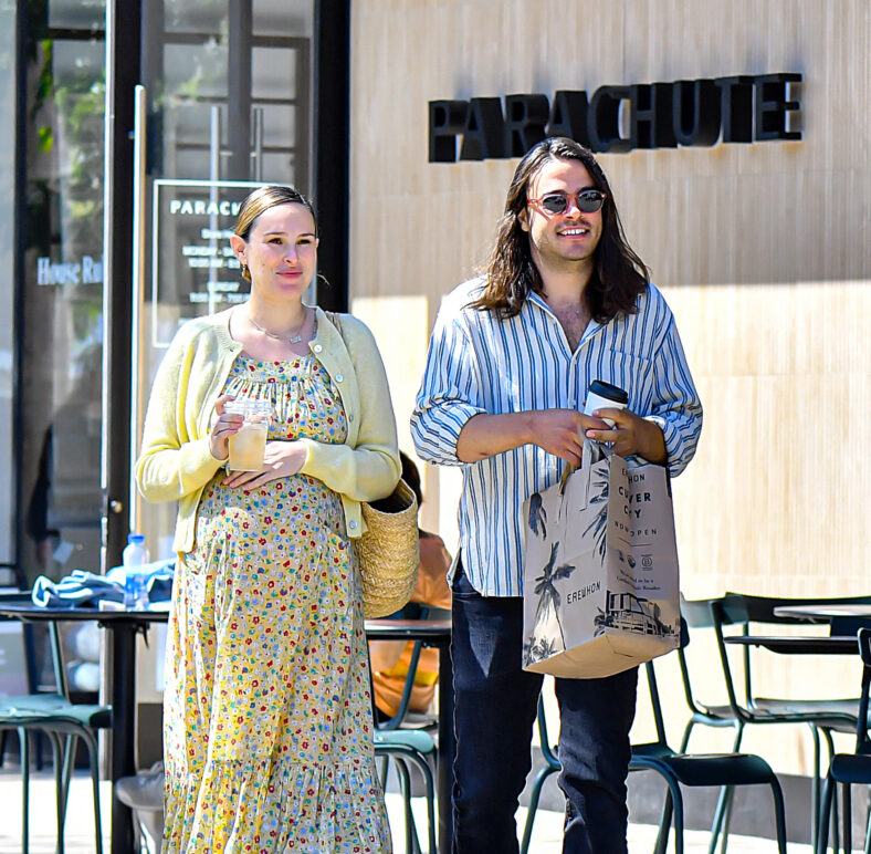 Rumer Willis Is All Smiles As She Holds Her Baby Bump While Out With Her Boyfriend Derek Richard Thomas In Los Angeles, CA.