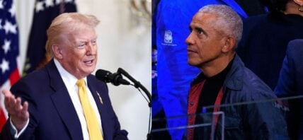 A side-by-side collage of Donald Trump and Barack Obama