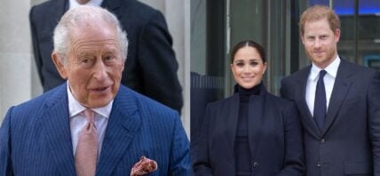 A side-by-side collage of King Charles and Prince Harry and Meghan