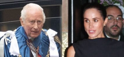 A side-by-side collage of King Charles and Meghan Markle