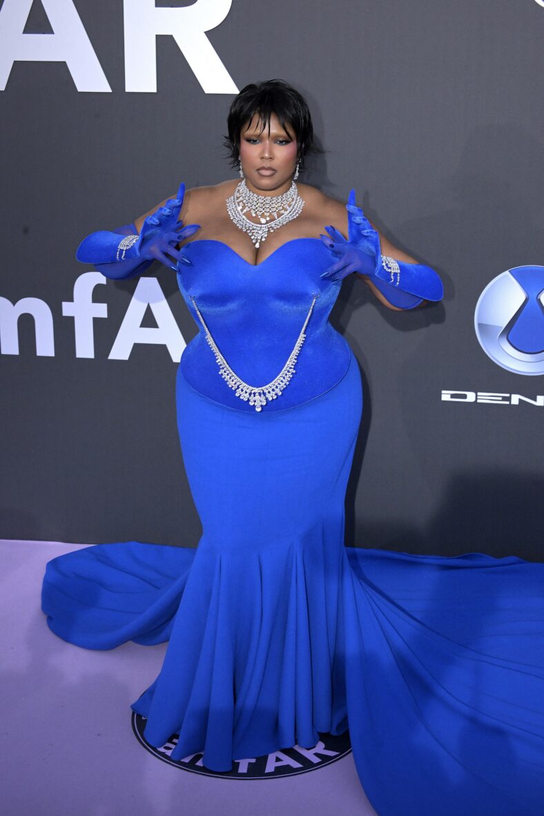 Lizzo at the amfAR Gala in a blue corset outfit
